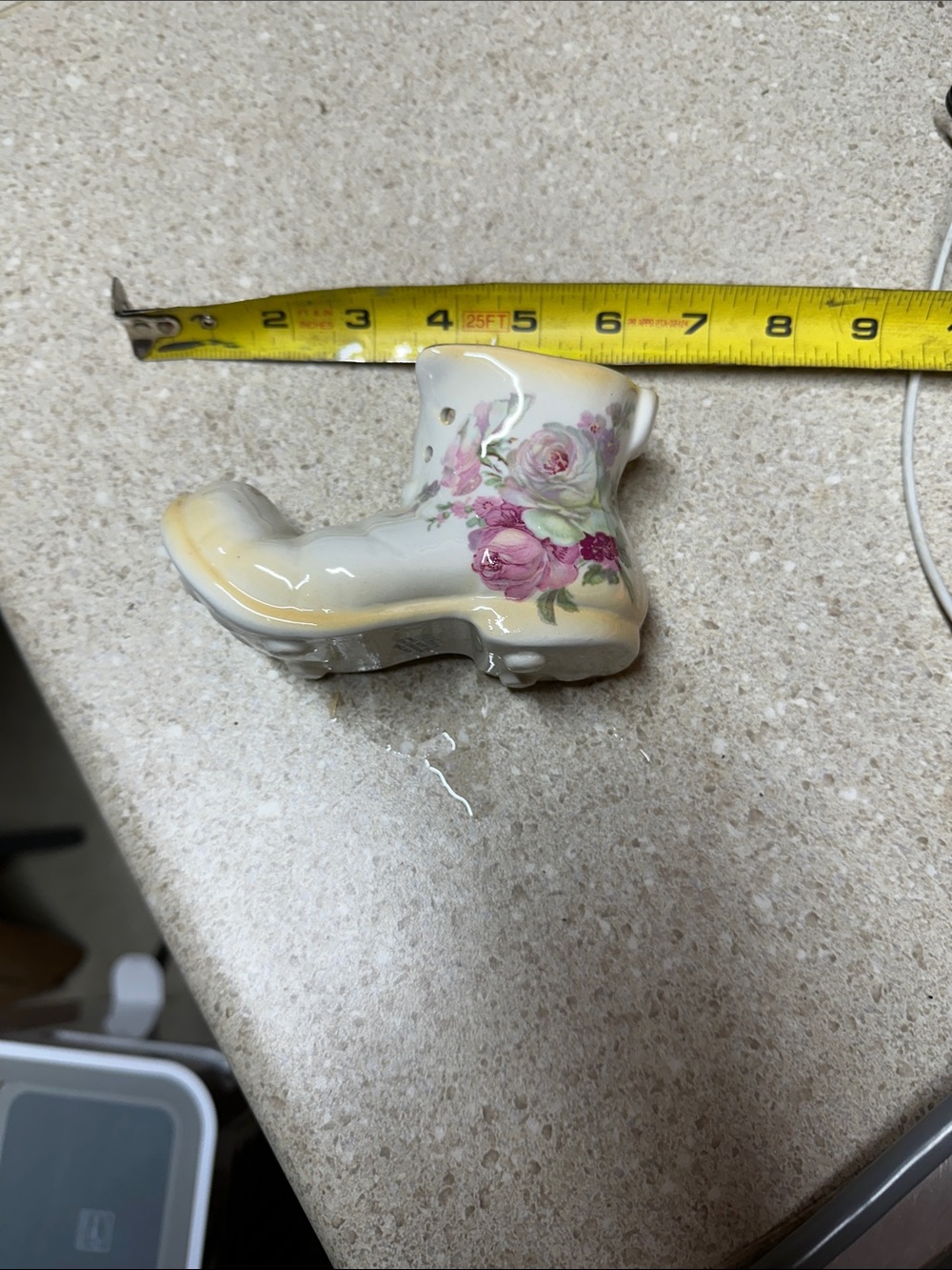 Porcelain Boot Figurine with Pink Rose Bouquet - White and Pink